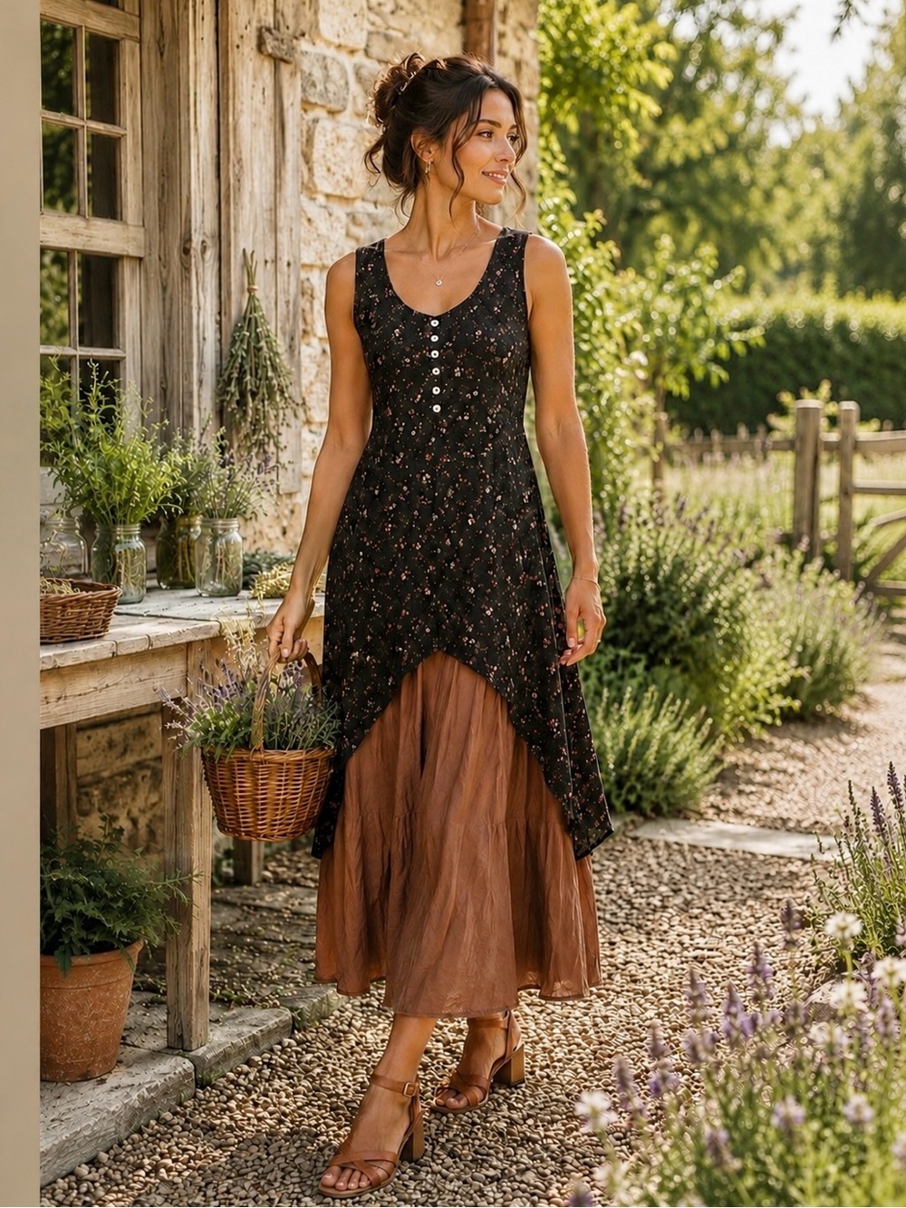 Cottage-core floral dress brown henly neck, Unique & Easy Wear,EUC,size Medium